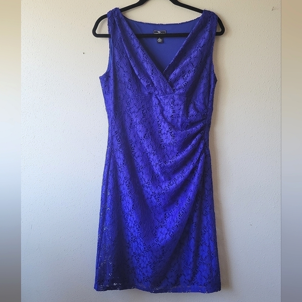 AMERICAN LIVING Blue Lace Dress Side Rouching Sleeveless Surplice sz 12